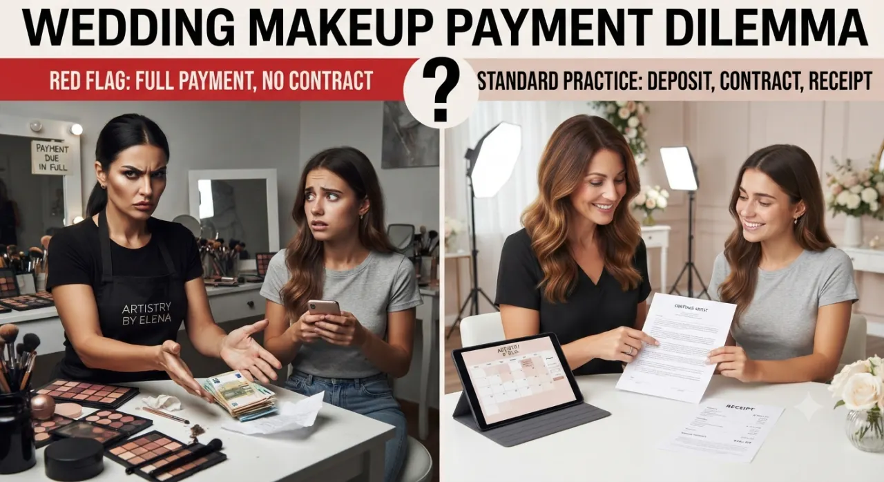 Makeup artist for my sister's wedding wants full payment upfront, no contract — normal or run?