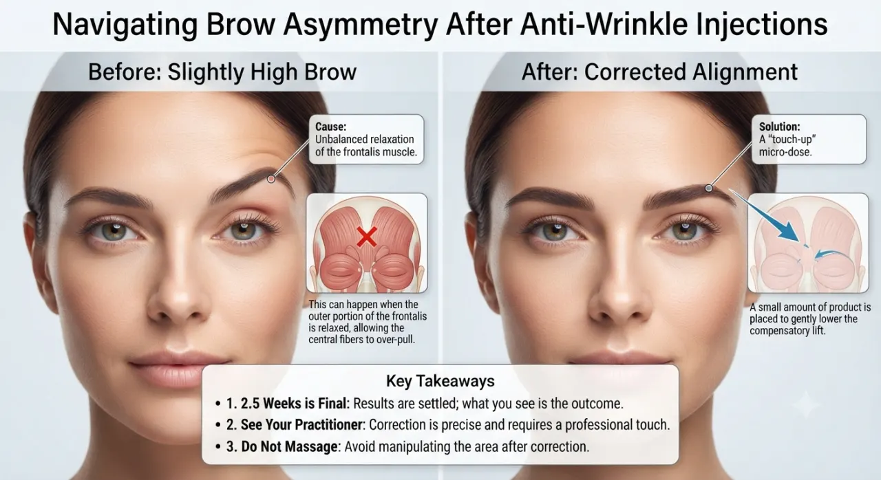 Anti-wrinkle injections 2.5 weeks ago, one brow now sits slightly higher — wait it out or go back?