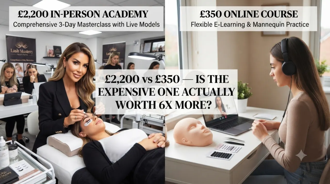 £2,200 in-person academy vs £350 online course for lashes — is the expensive one actually worth 6x more?