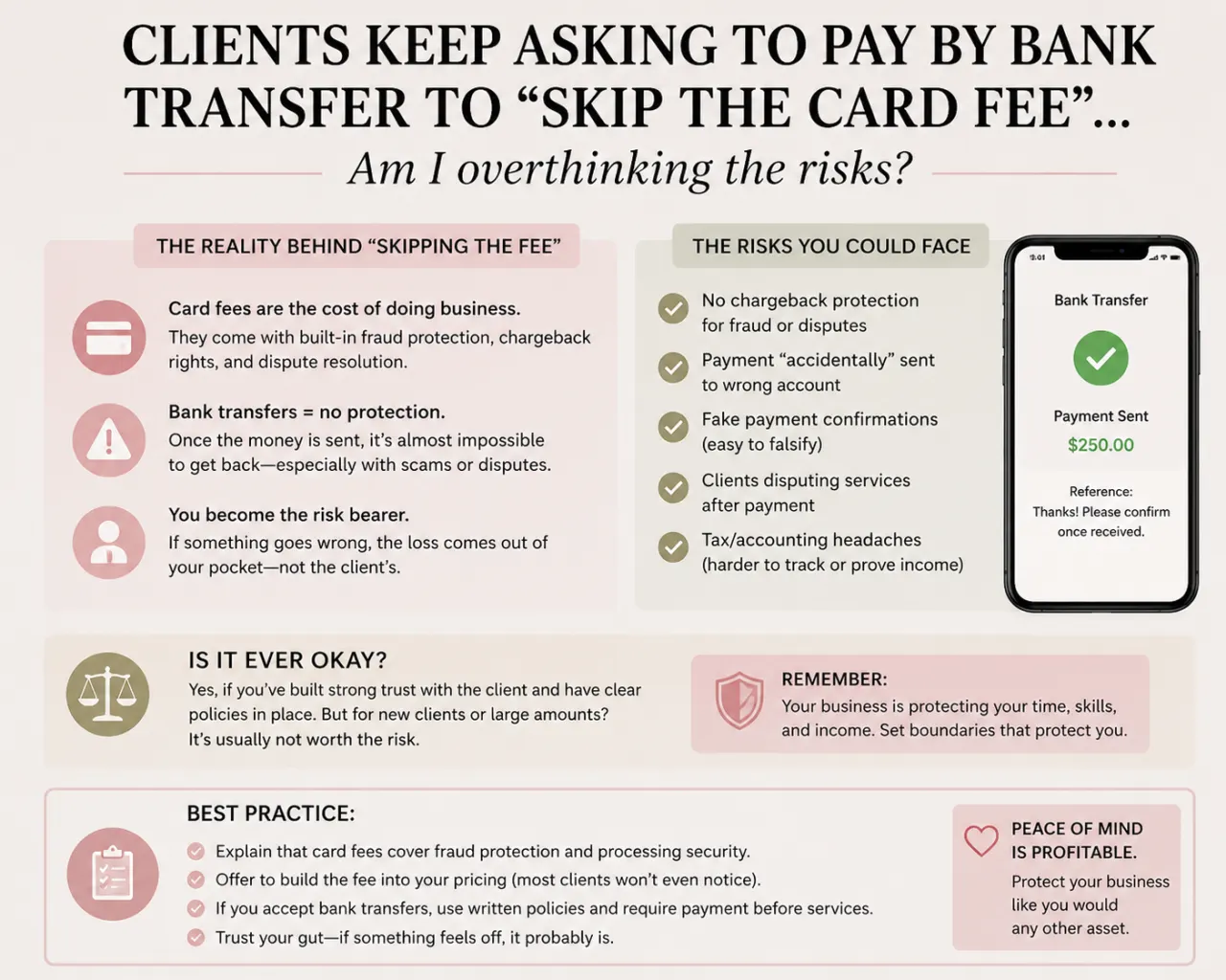 Clients keep asking to pay by bank transfer to "skip the card fee"... am I overthinking the risks?